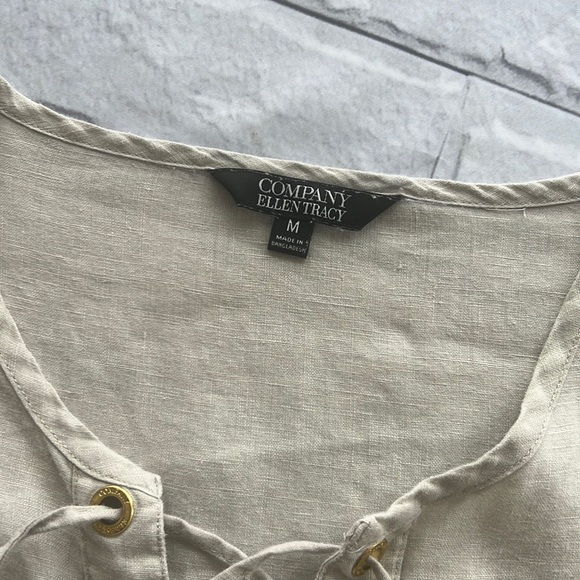 Ellen Tracy company linen tan long tab sleeve top size medium - Picture 3 of 12